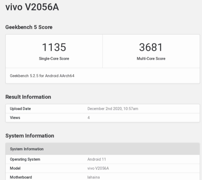 Vivo V2056A配备了高通Snapdragon 888和12 GB RAM